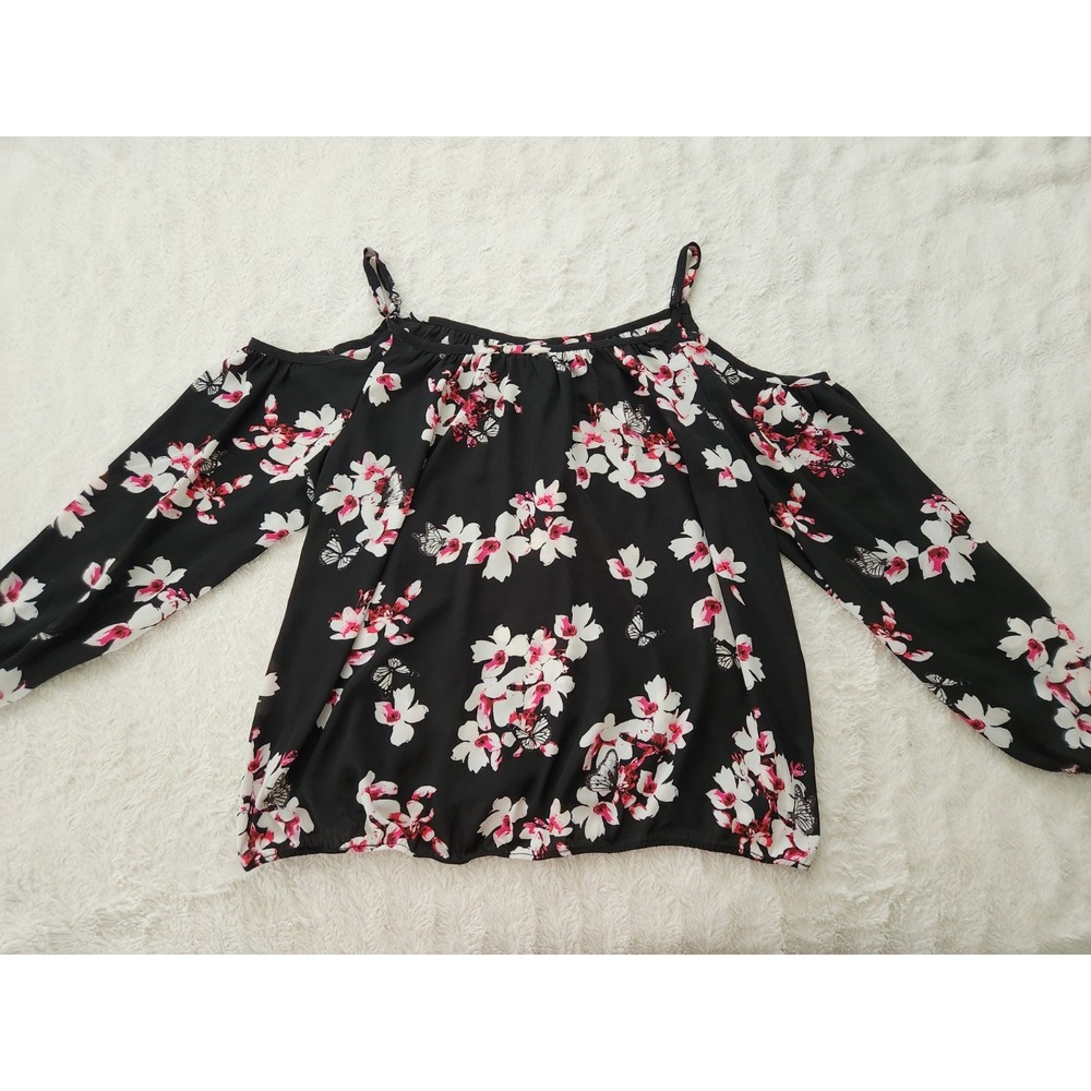 Torrid Womens Size 3 Black Floral Butterfly Cold Shoulder Long Sleeve Blouse Top